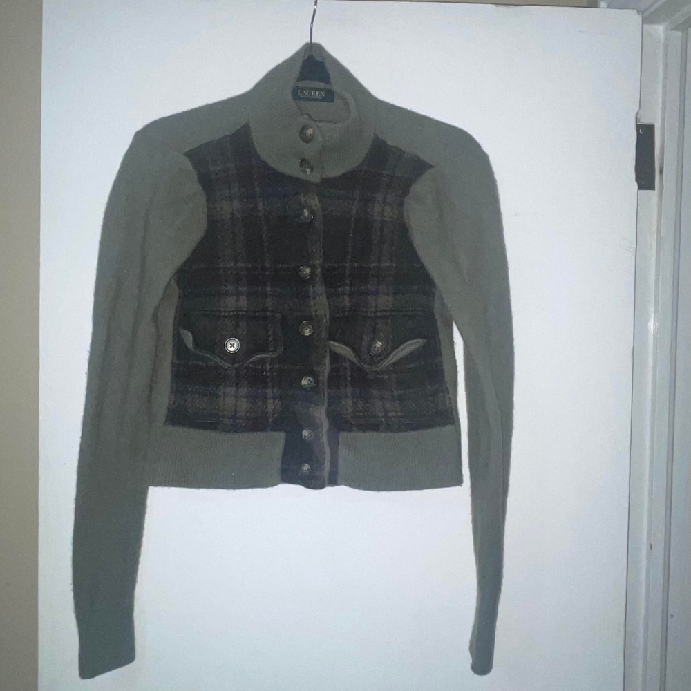 Ralph Lauren Black Label Women's Olive Green Plaid‎ Knit Wool Blend Jacket